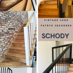 Vintage Look Stolarstwo i Renowacja - Kaskadowe schody drewniane z metalową balustradą, widok z różnych perspektyw. Schody z jasnego drewna, nowoczesny design, ceglana ściana w tle, vintage look.