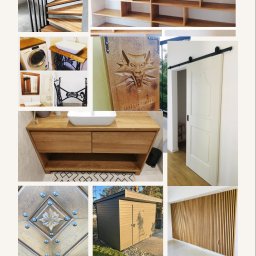 VINTAGE LOOK PATRYK JĘCHOREK - Kolaż prezentujący różnorodne realizacje stolarskie: schody, regał, drzwi przesuwne, szafka łazienkowa, drzwi z rzeźbieniem, domek narzędziowy i dekoracyjna ściana.