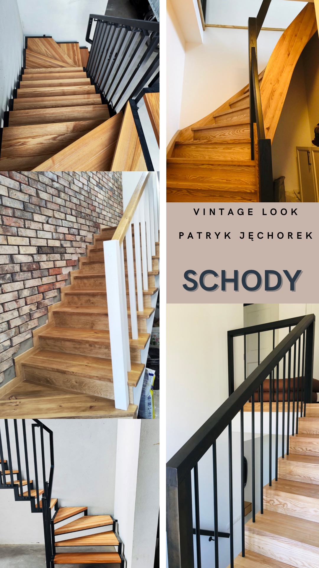 Kaskadowe schody drewniane z metalową balustradą, widok z różnych perspektyw. Schody z jasnego drewna, nowoczesny design, ceglana ściana w tle, vintage look.