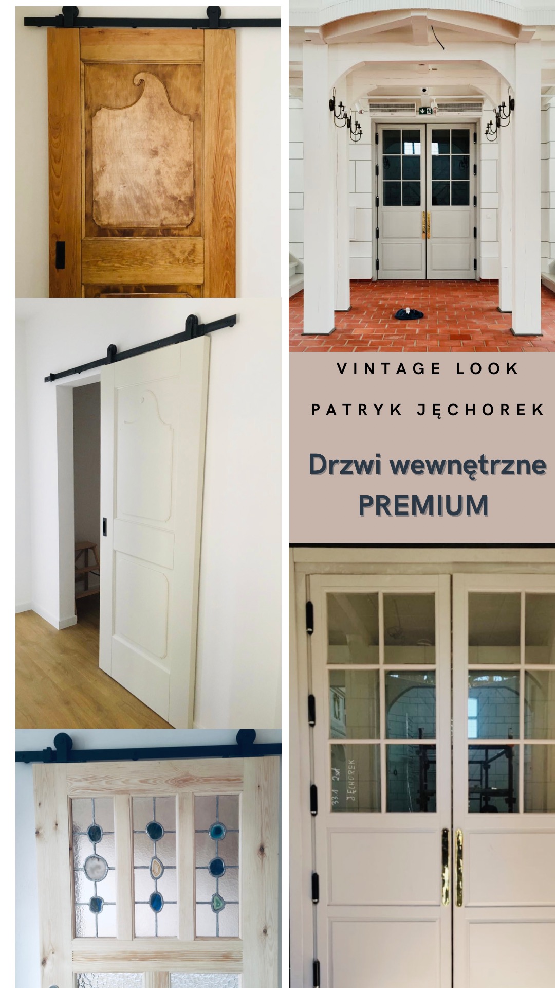 Kreatywny kolaż: drewniane drzwi przesuwne w stylu vintage z ozdobnymi panelami i szkłem witrażowym, zamontowane na czarnym systemie szynowym.