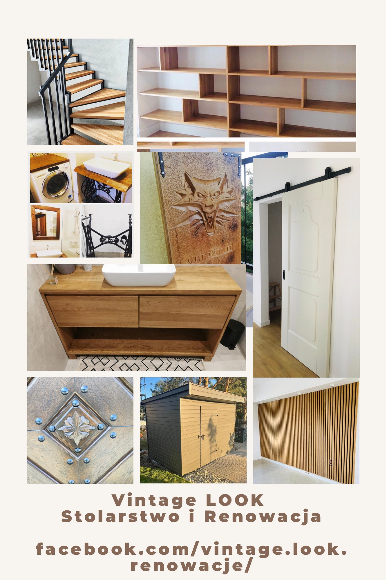 Kolaż prezentujący różnorodne realizacje stolarskie: schody, regał, drzwi przesuwne, szafka łazienkowa, drzwi z rzeźbieniem, domek narzędziowy i dekoracyjna ściana.