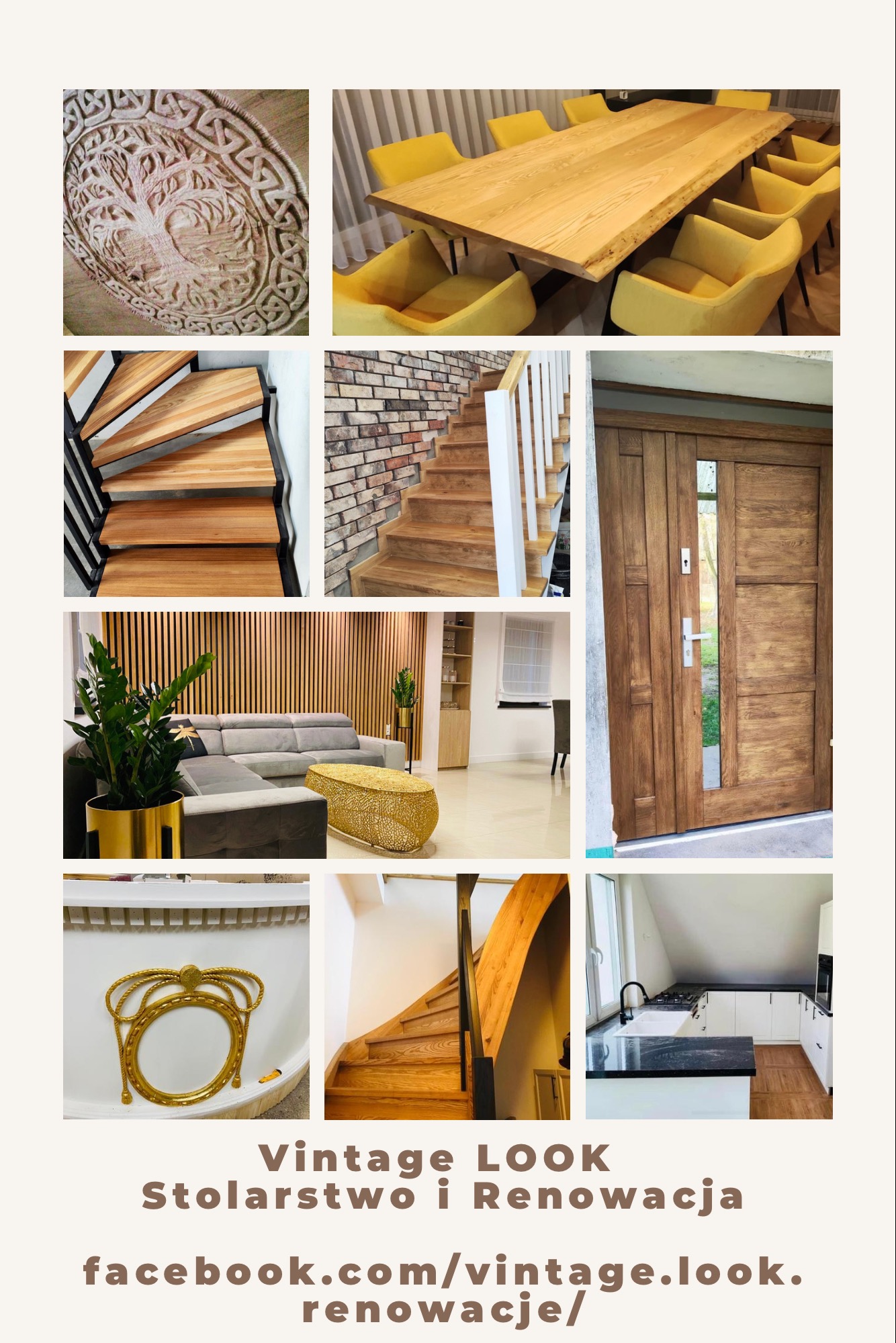 Kolaż prezentujący różnorodne realizacje stolarskie: schody drewniane, drzwi, stół z krzesłami, dekoracje ścienne i elementy wyposażenia wnętrz w stylu vintage.