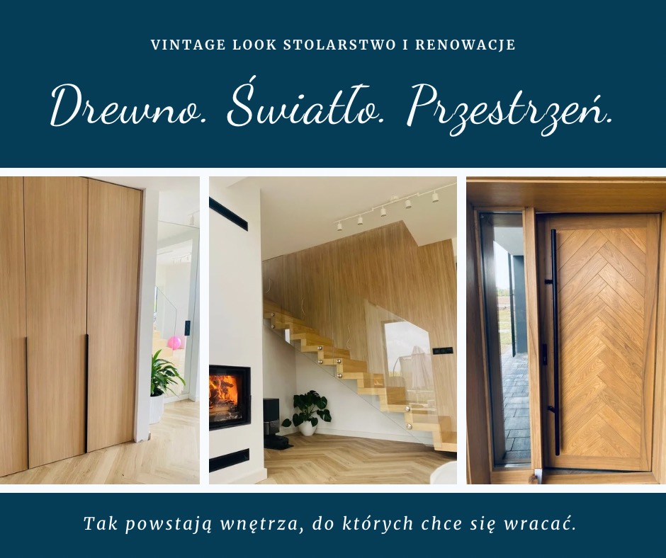 Stolarka w Gorzewie: zabudowa szafy z drewna, schody z drewnianymi stopniami i szklaną balustradą oraz drewniane drzwi wejściowe z oryginalnym wzorem.