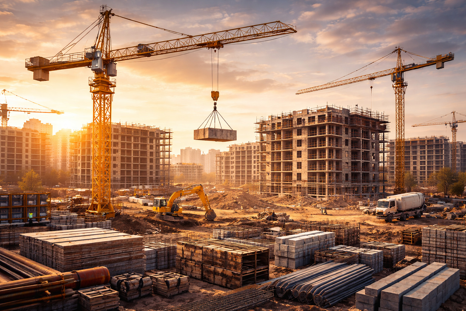 Rozległy plac budowy z surowymi budynkami w trakcie wznoszenia, dźwigami i sprzętem budowlanym w ciepłym świetle zachodzącego słońca. Widoczne materiały budowlane.