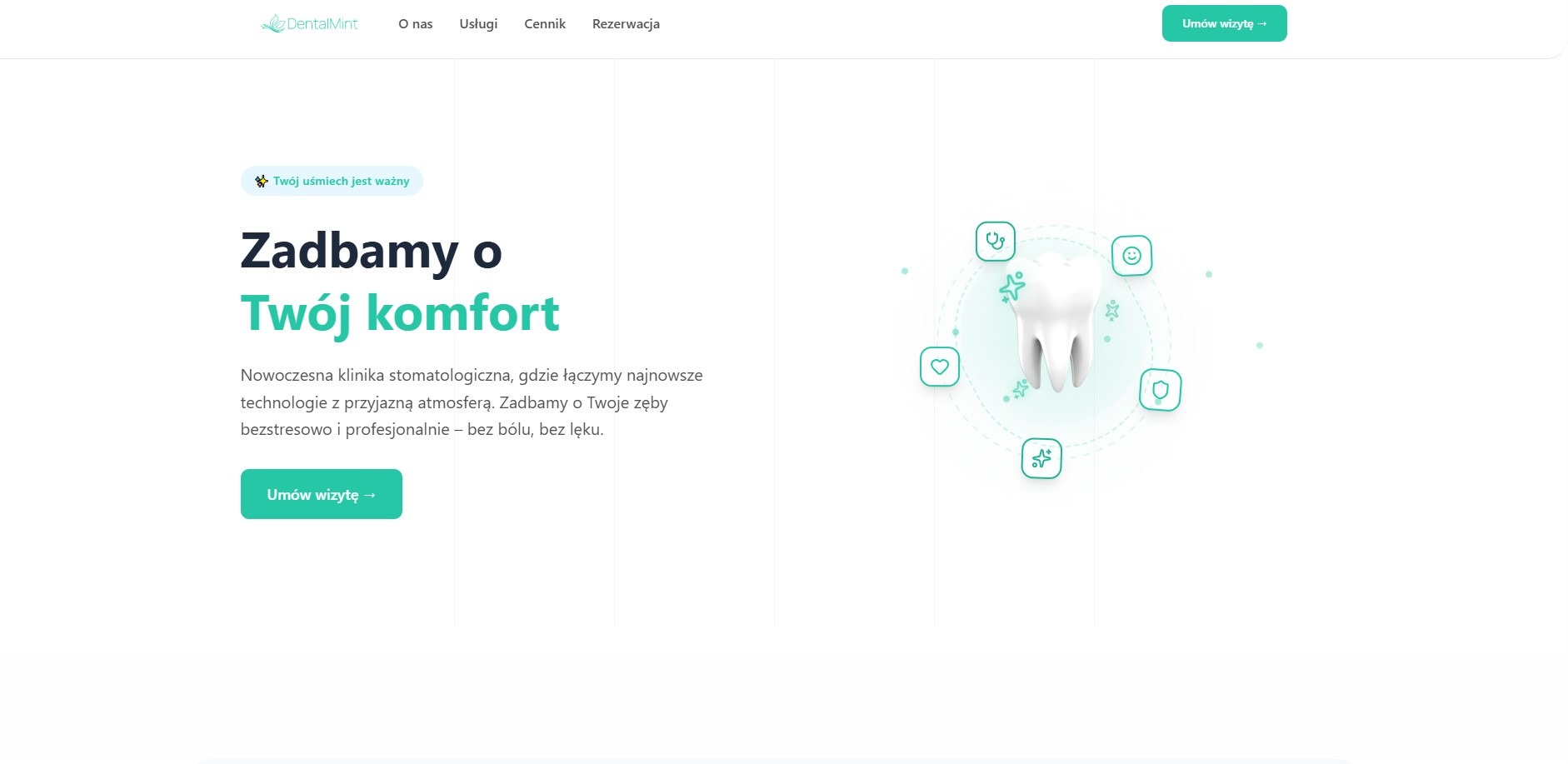 Minimalistyczna strona internetowa kliniki dentystycznej DentalMint z grafiką zęba otoczonego ikonami i hasłem 'Zadbamy o Twój komfort'.