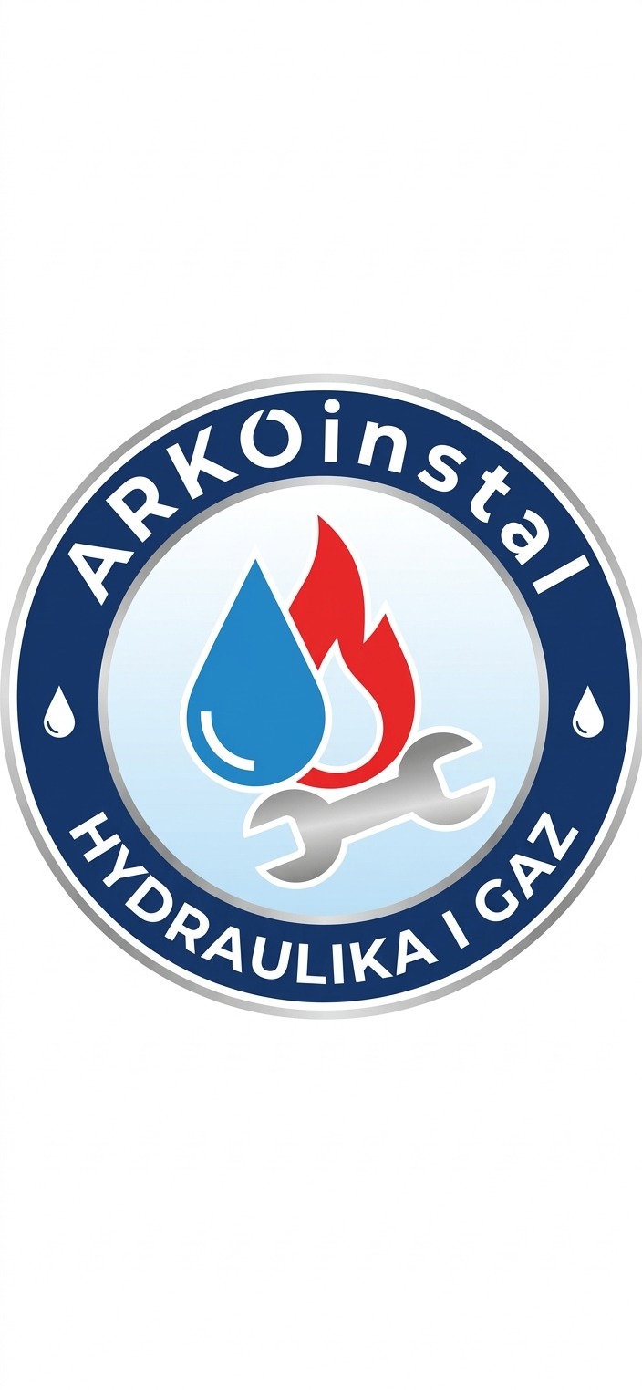 Logo firmy ARKOinstal HYDRAULIKA I GAZ w okręgu. Zawiera ikonę kropli wody, płomienia i klucza francuskiego. Kolorystyka: niebieski, czerwony, szary.