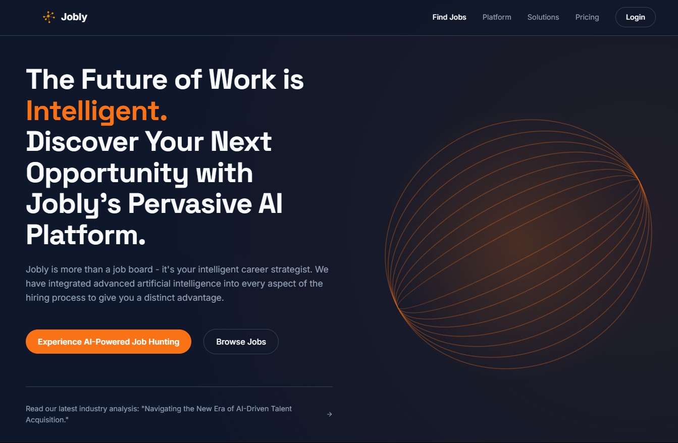 Strona główna Jobly, platformy rekrutacyjnej AI, z hasłem 'The Future of Work is Intelligent' i przyciskami 'Experience AI-Powered Job Hunting'.