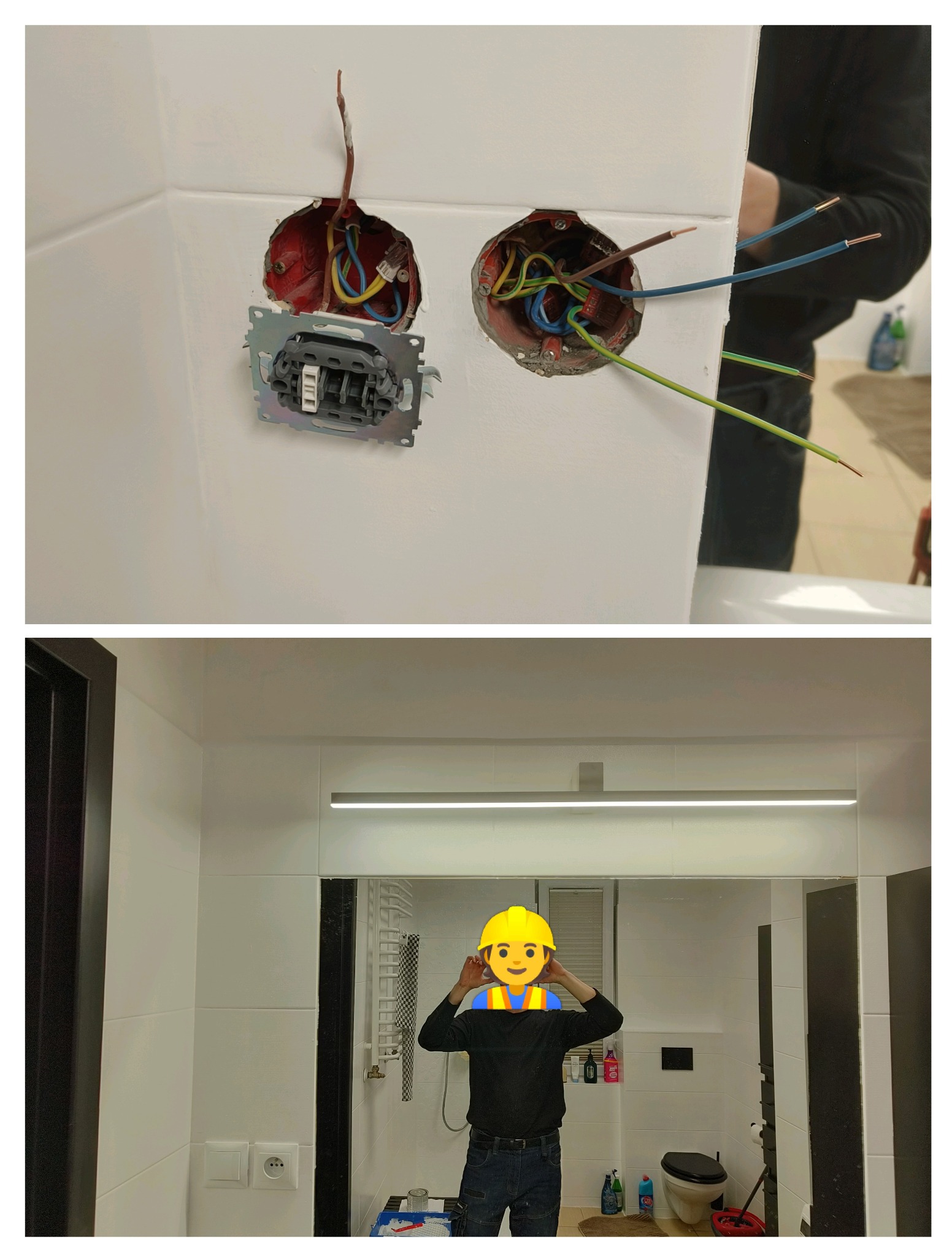 Dwa gniazdka elektryczne w łazience, jedno z zamontowanym osprzętem, drugie z wystającymi przewodami. W tle widoczne lustro i oświetlenie po naprawie.