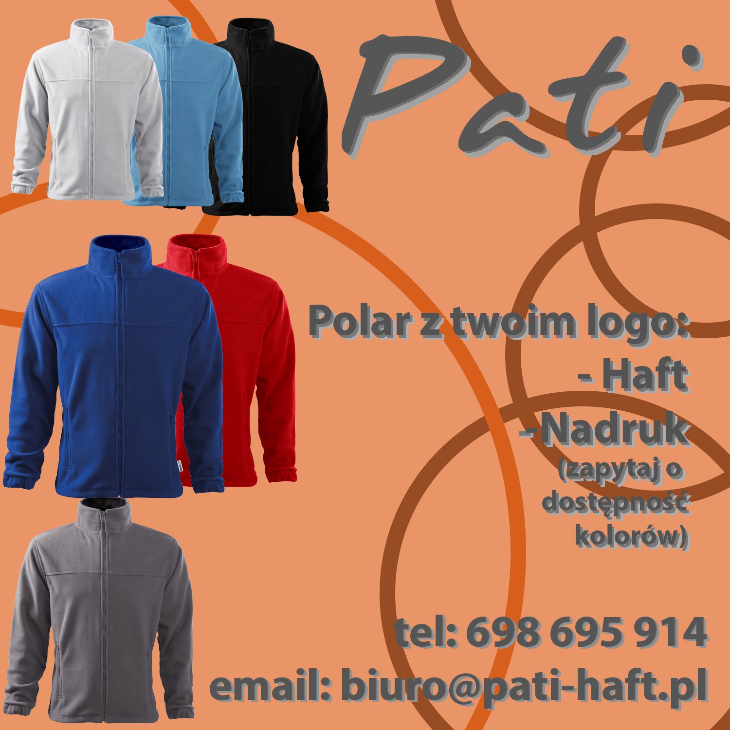 Kolorowe polary z logo firmy na pomarańczowym tle z danymi kontaktowymi. Oferta haftu i nadruków na odzieży. Prezentacja różnych wariantów kolorystycznych.