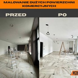 MontUp - Naprawa Montaż Remont - Zdjęcie 'przed i po' malowania dużego pomieszczenia komercyjnego. Po lewej ściany w odcieniach szarości, po prawej świeżo pomalowane na biało, z widocznymi elementami oświetlenia.
