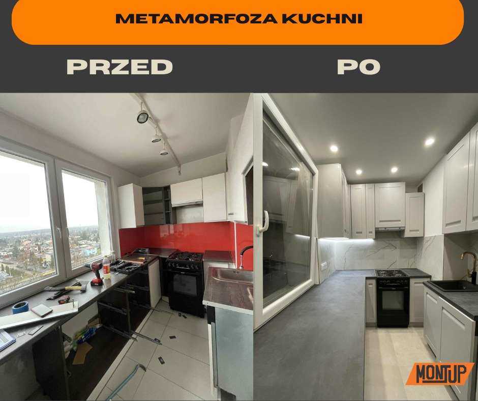 Metamorfoza kuchni: widok przed i po remoncie. Po lewej surowy stan z narzędziami, po prawej odnowiona kuchnia z białymi szafkami i szarym blatem.