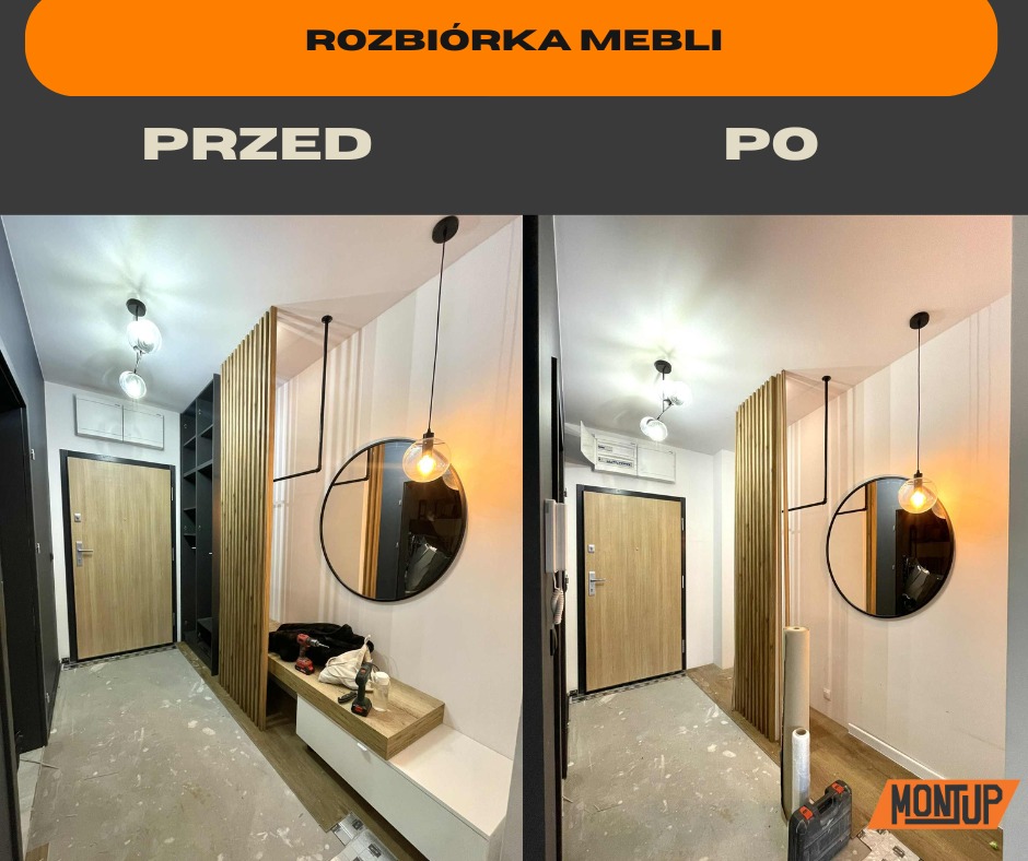 Zdjęcie 'przed i po' demontażu mebli w przedpokoju: widok na wejście z drewnianą ścianką działową, szafką i okrągłym lustrem. Na podłodze widoczne narzędzia.