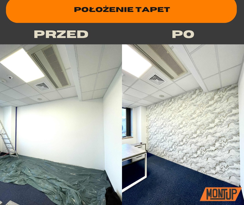 Zdjęcie 'przed i po' z położenia tapet w biurze. Po lewej biała ściana zabezpieczona folią, po prawej ściana z tapetą w marmurkowy wzór. Widoczny fragment biurka i okna.