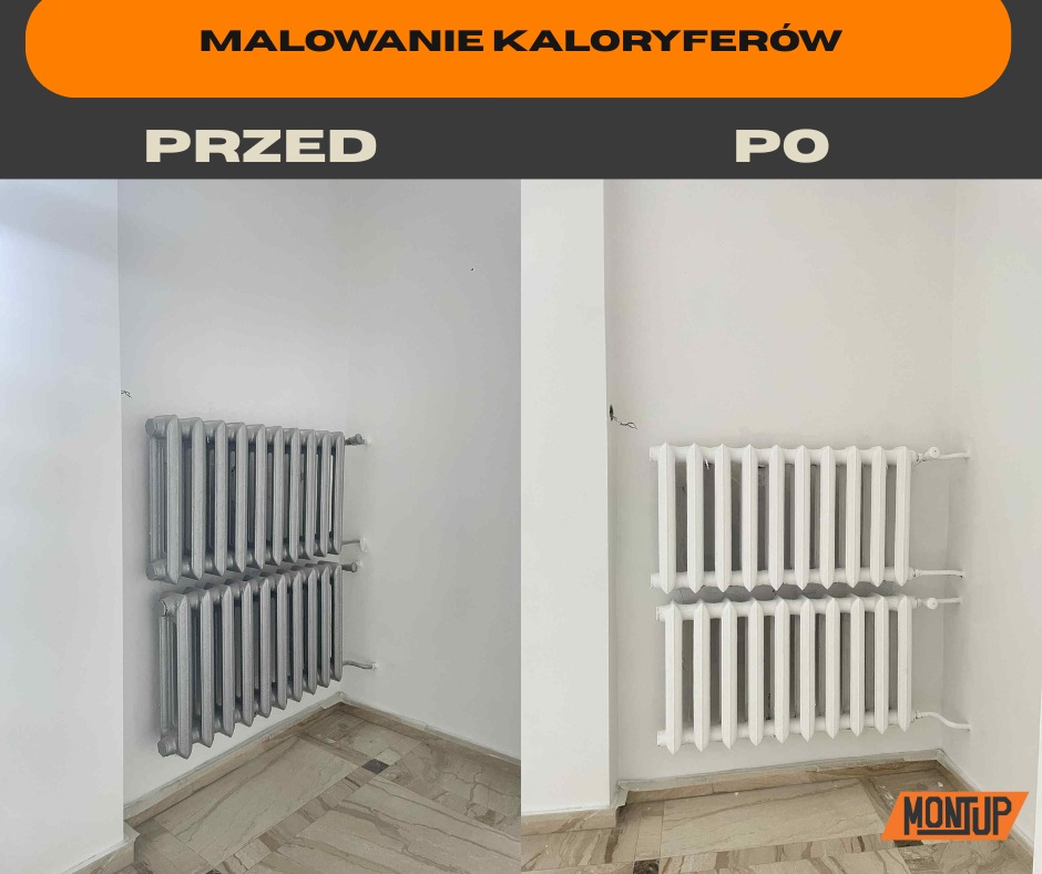 Zdjęcie 'przed i po' prezentujące pomalowany na biało, dwuczęściowy grzejnik żeberkowy w rogu pomieszczenia z marmurową podłogą. Widoczne detale instalacji.