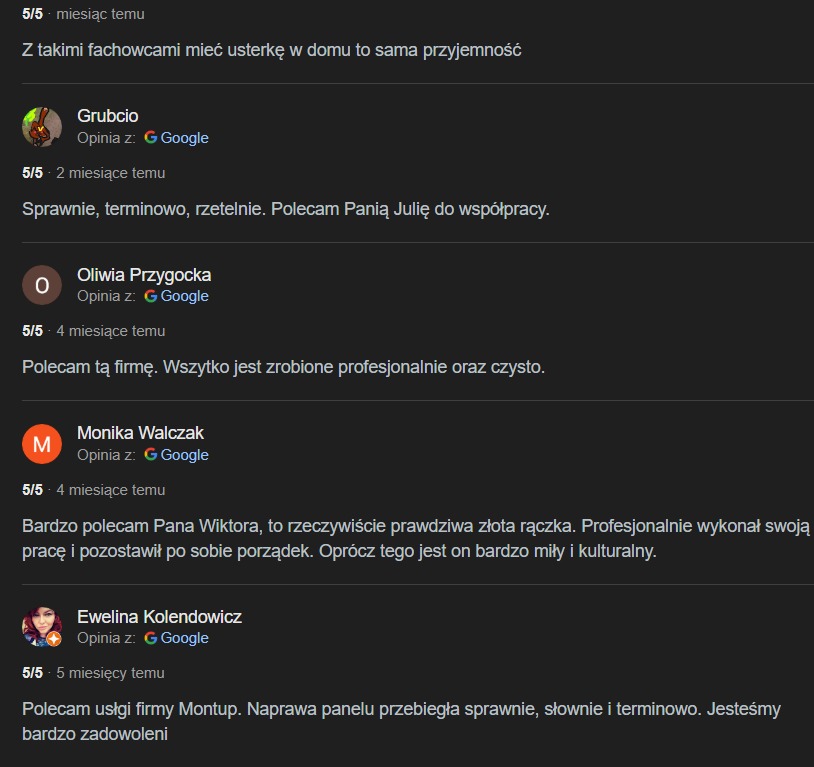 Zrzut ekranu z opiniami klientów na temat firmy Montup, z ocenami 5/5 i pozytywnymi komentarzami dotyczącymi profesjonalizmu i terminowości usług.