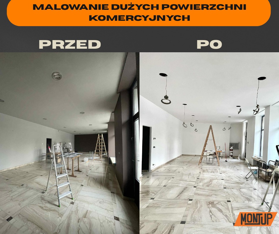 Zdjęcie 'przed i po' malowania dużego pomieszczenia komercyjnego. Po lewej ściany w odcieniach szarości, po prawej świeżo pomalowane na biało, z widocznymi elementami oświetlenia.