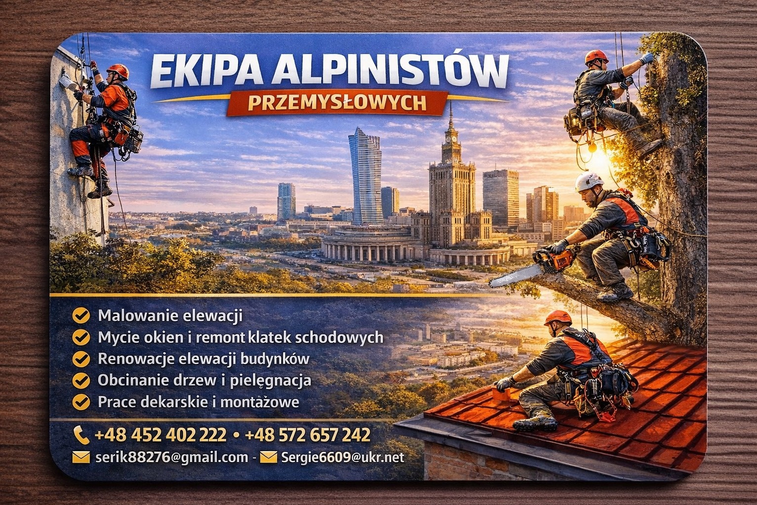 Grafika reklamowa: ekipa alpinistów przemysłowych na tle panoramy miasta, wykonująca prace na elewacji, drzewie i dachu. Zawiera dane kontaktowe i listę usług.