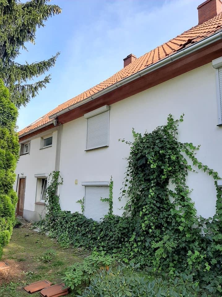 Biały dom z pomarańczową dachówką i zielonymi pnączami na ścianie. Widoczne okna z roletami i fragment ogrodu. Ujęcie z dołu, w słoneczny dzień.