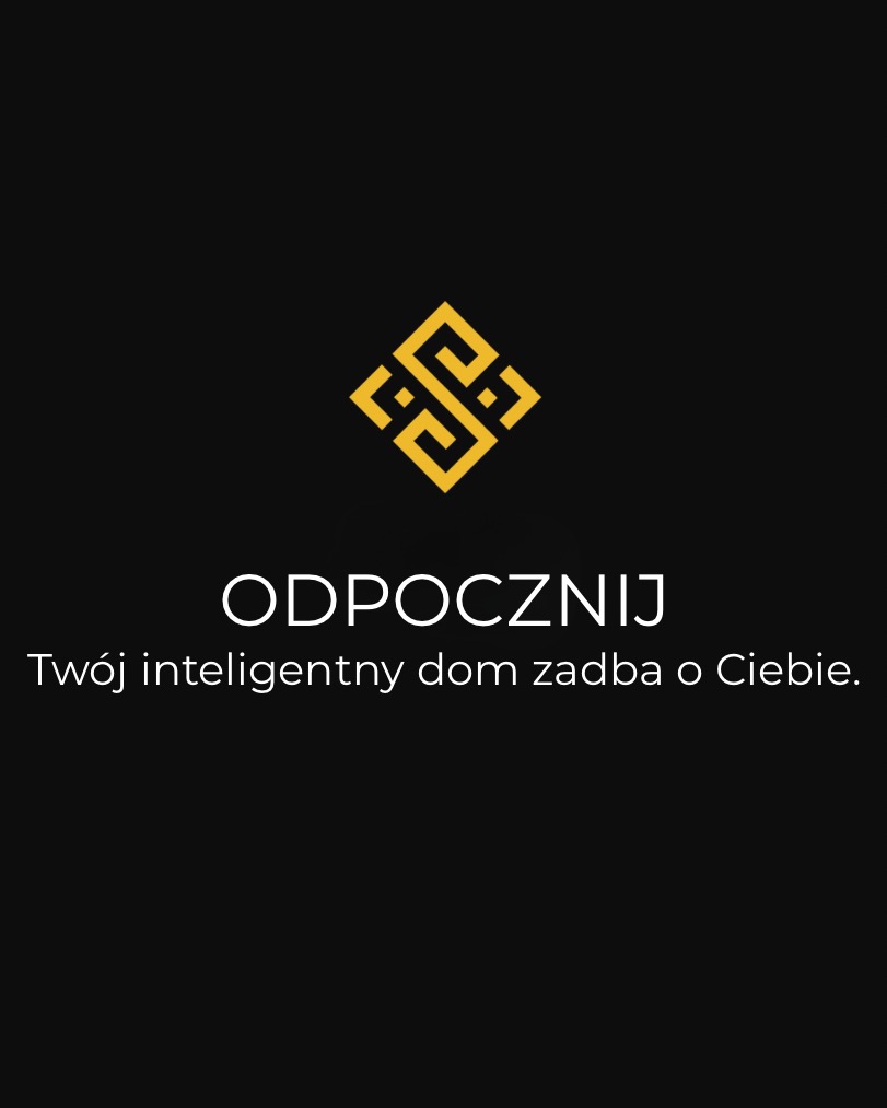 Grafika z żółtym, geometrycznym logo nad napisem 'ODPOCZNIJ. Twój inteligentny dom zadba o Ciebie.' na czarnym tle. Minimalistyczny design.