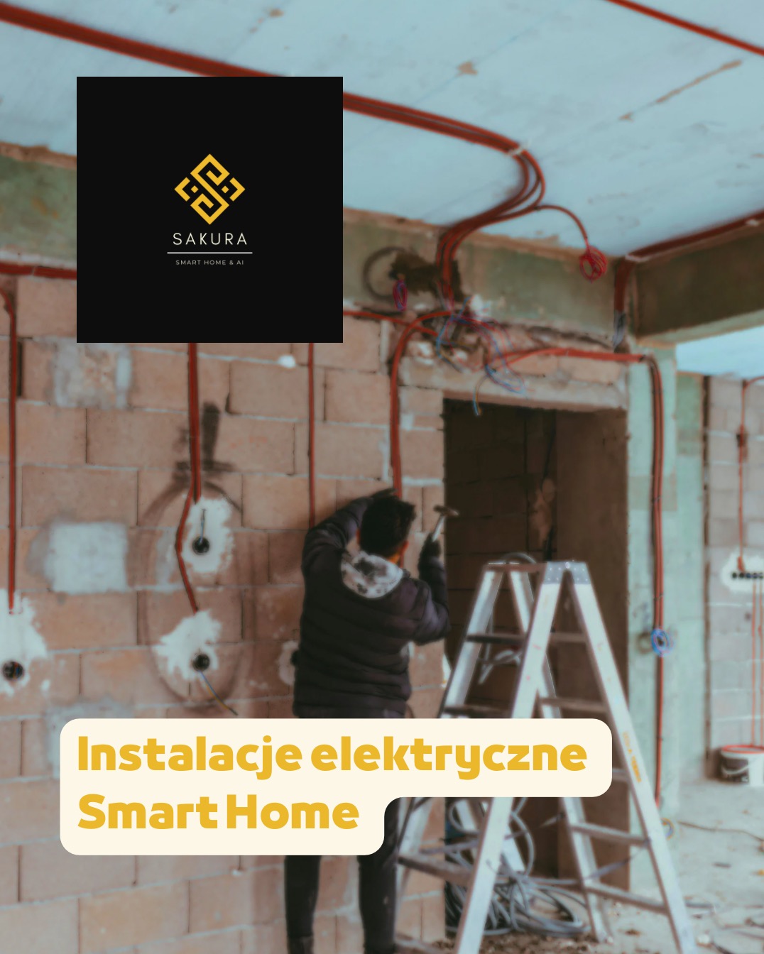 Elektryk w trakcie pracy nad instalacją elektryczną w surowym wnętrzu. Widoczne przewody, puszki i drabina. Ceglana ściana z wywierconymi otworami.