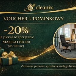 Agnieszka Olejnik - Elegancki voucher upominkowy na -20% na pierwsze sprzątanie małego biura (do 100 m²) od Cleanix, z prezentami i wizualizacją czystego biura w tle.
