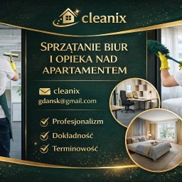 Agnieszka Olejnik - Grafika reklamowa firmy Cleanix z Gdańska oferującej sprzątanie biur i apartamentów. Widoczni pracownicy podczas pracy, logo firmy i hasła: profesjonalizm, dokładność, terminowość.