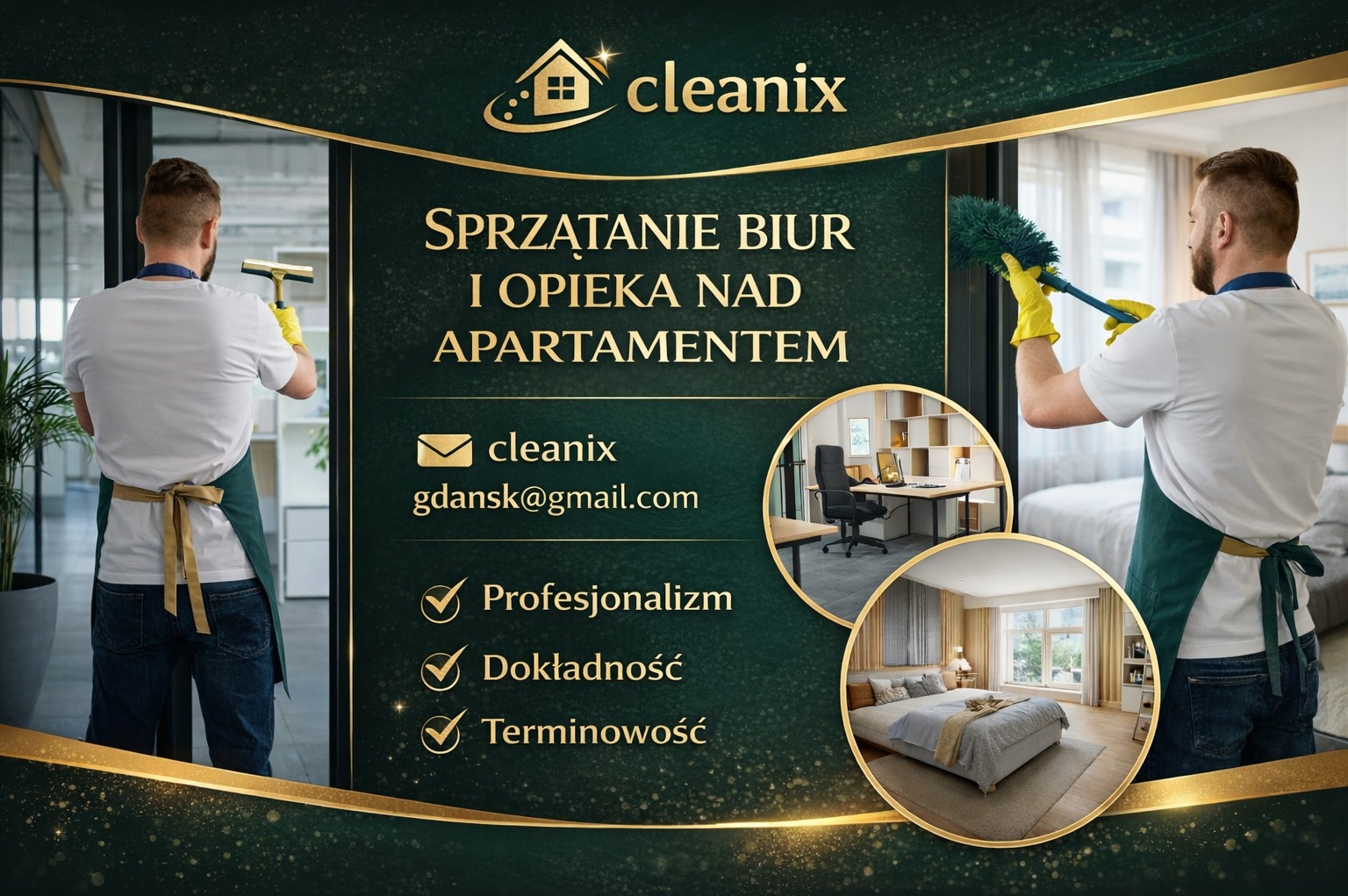 Grafika reklamowa firmy Cleanix z Gdańska oferującej sprzątanie biur i apartamentów. Widoczni pracownicy podczas pracy, logo firmy i hasła: profesjonalizm, dokładność, terminowość.