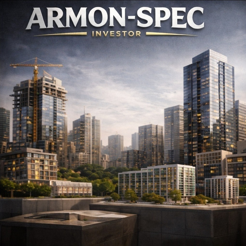 Panorama miasta z wieżowcami w różnej fazie budowy, w tle pochmurne niebo. Na pierwszym planie fragment betonowej konstrukcji. U góry napis ARMON-SPEC INVESTOR.