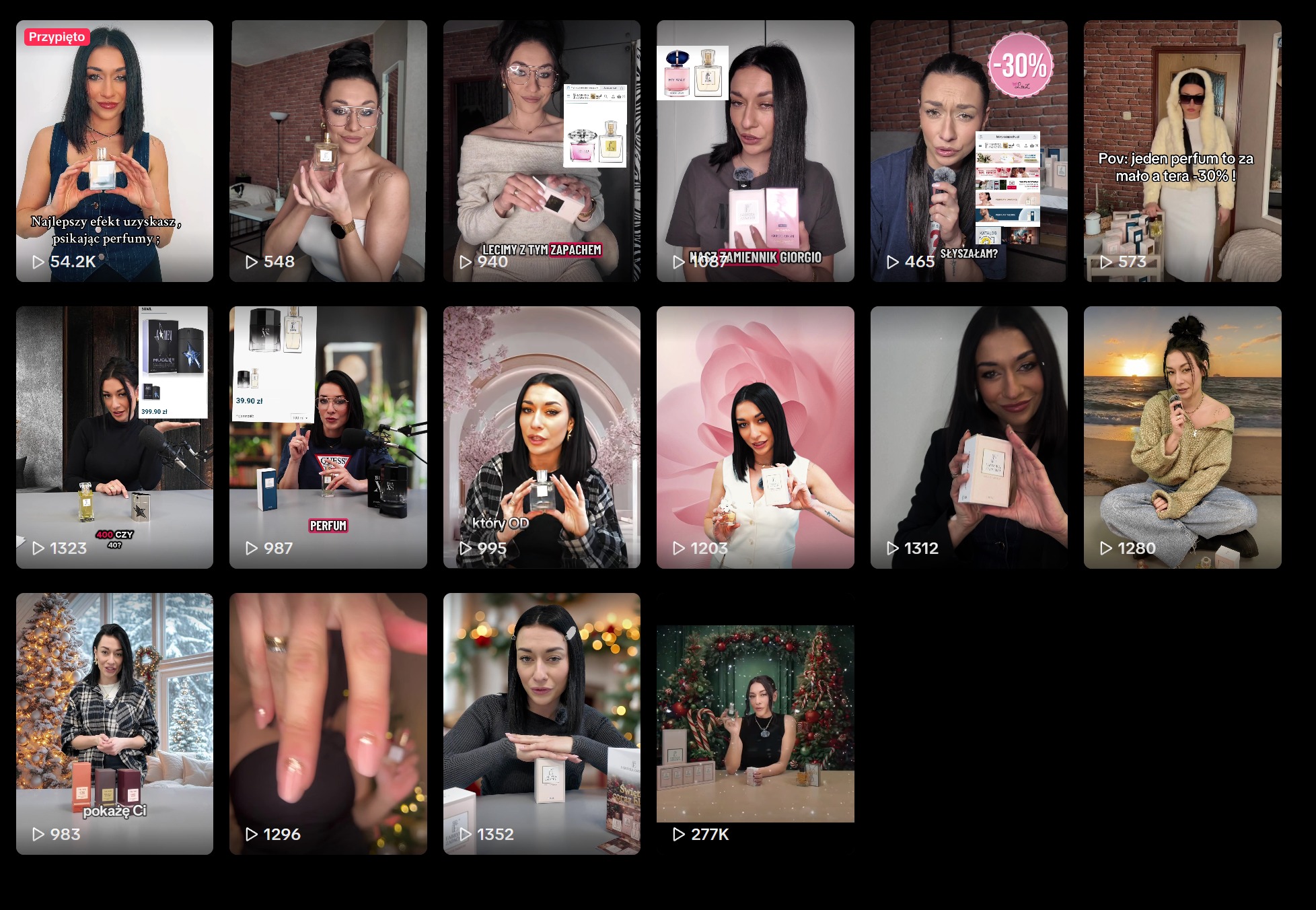 Kompilacja kadrów z nagrań wideo, prezentujących kobietę recenzującą różne perfumy w różnorodnych sceneriach, od domowych po świąteczne, z widocznymi nazwami i cenami.