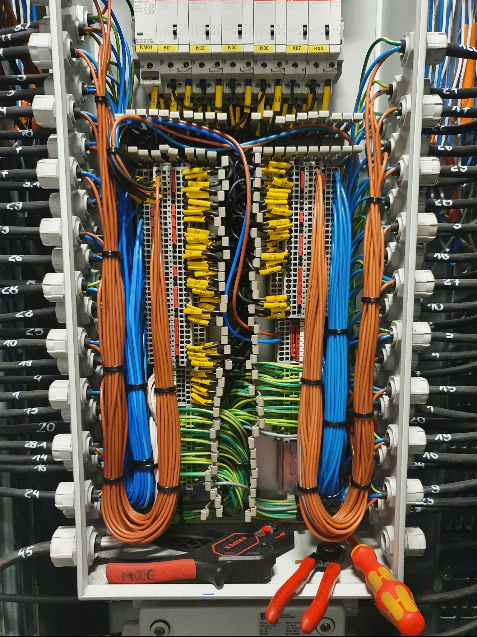 Rozdzielnica elektryczna z uporządkowanymi kablami w kolorach: brązowym, niebieskim i zielono-żółtym. Widoczne narzędzia: obcinaczki, szczypce i śrubokręt.