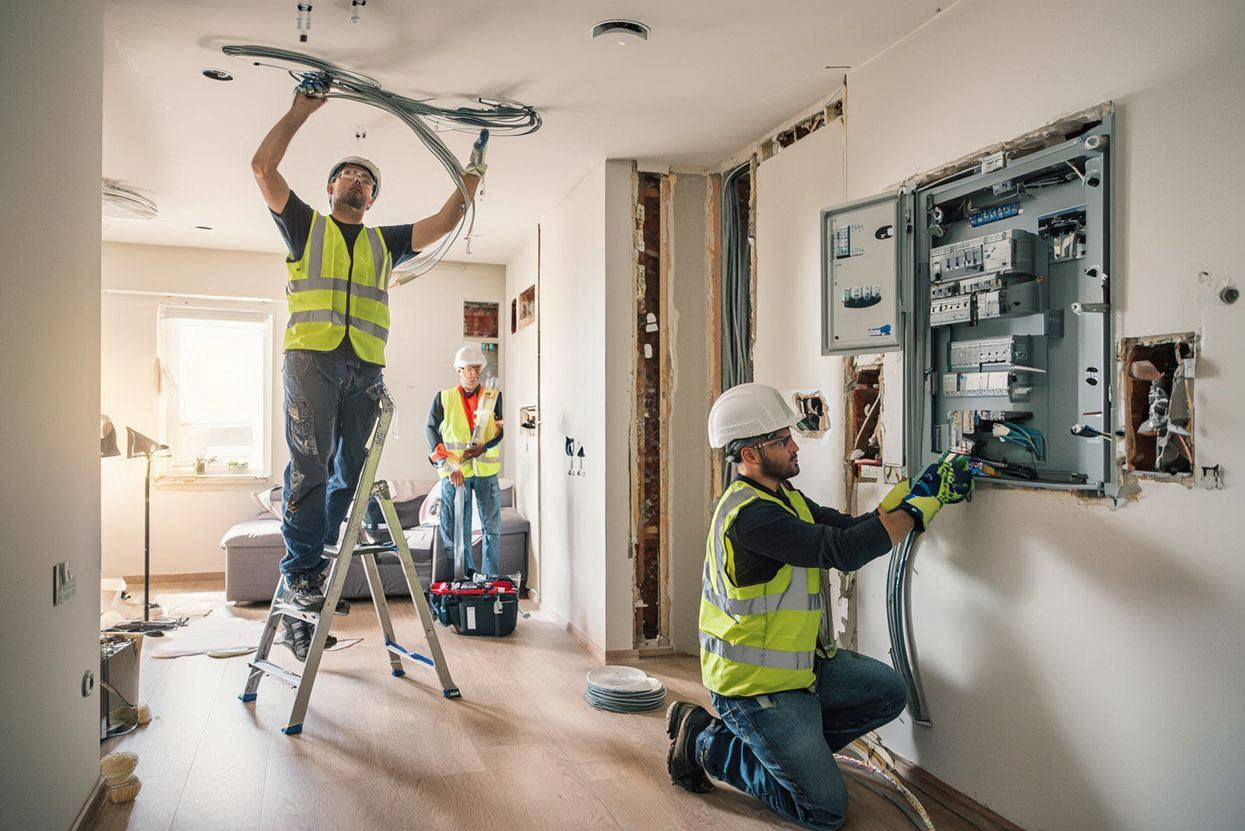 Elektrycy w trakcie montażu instalacji w mieszkaniu. Jeden na drabinie, drugi przy skrzynce rozdzielczej. Widoczne kable, narzędzia i elementy instalacji.