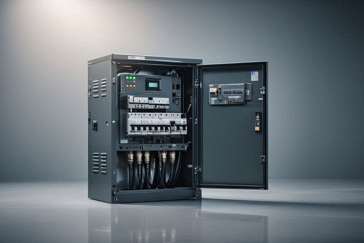 Otwarta szafa elektryczna w szarym odcieniu, widoczne zabezpieczenia, kable i elementy sterujące. Nowoczesny design, oświetlenie studyjne.