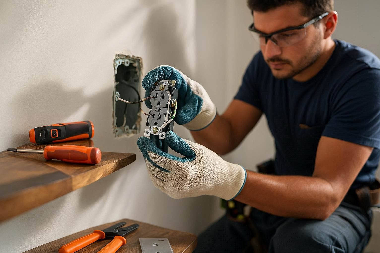 Elektryk w okularach ochronnych montuje gniazdko elektryczne w ścianie. Widoczne narzędzia: wkrętak, szczypce. Ujęcie z bliska, skupione na dłoniach w rękawicach.