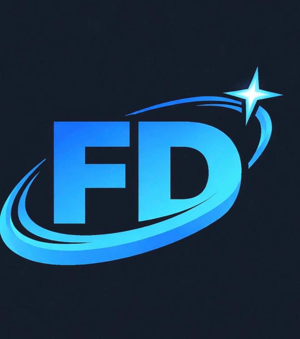 Niebieski logotyp 'FD' z gwiazdą i orbitą na ciemnym tle. Gradientowe litery i dynamiczny design.