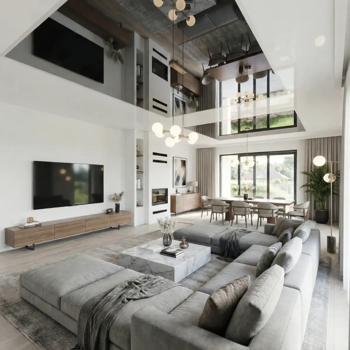 Nowoczesny salon z wysokim sufitem napinanym, odsłoniętymi elementami konstrukcyjnymi i betonem architektonicznym. Duże przeszklenia i antresola ze szklaną balustradą.