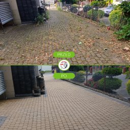 Mycie u Marchewy Michał Marchlewski - Kostka brukowa przed i po czyszczeniu. Górna część zdjęcia pokazuje zabrudzoną kostkę, dolna - czystą, umytą kostkę. Widoczne różnice w kolorze i braku zabrudzeń.