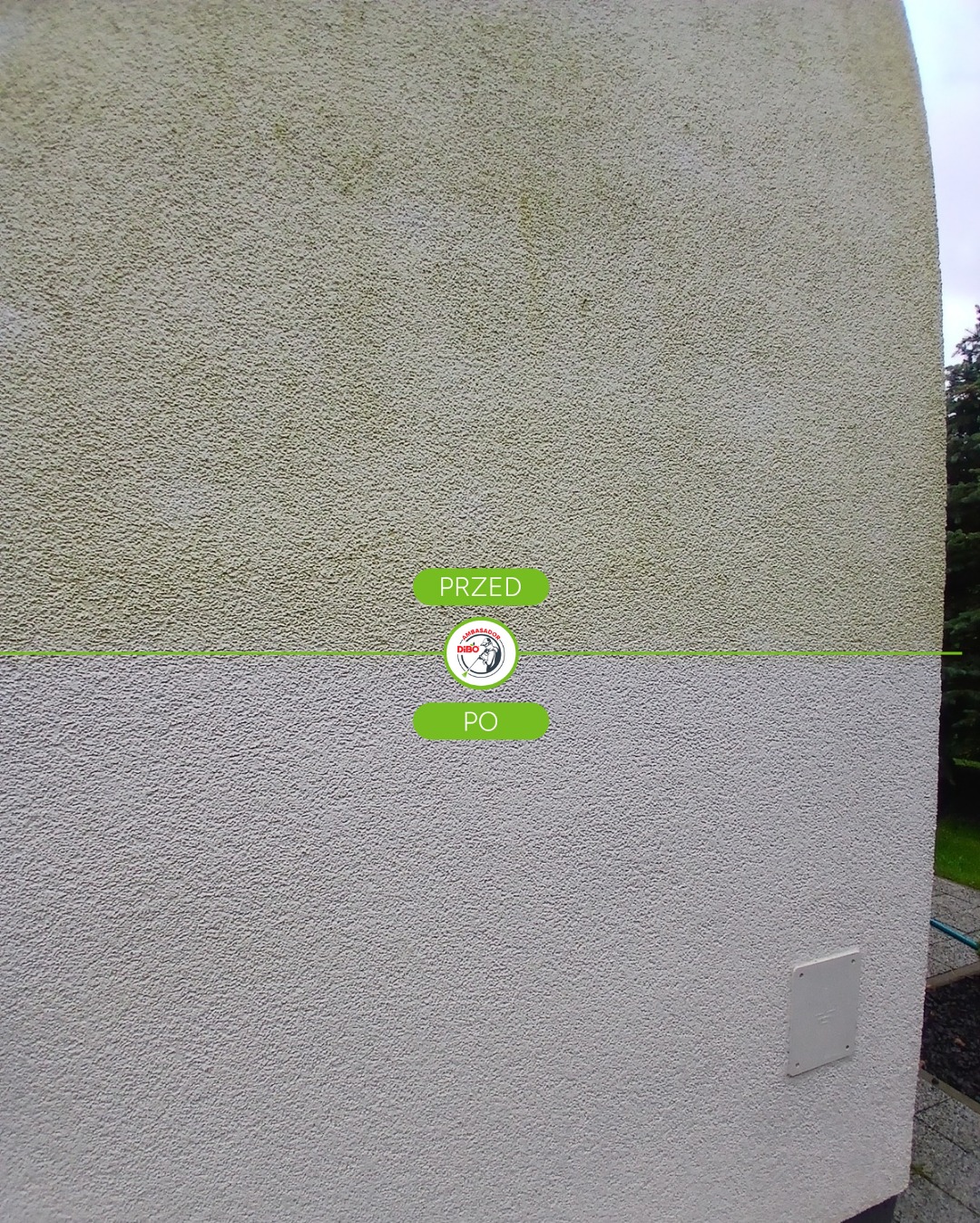 Elewacja budynku z wyraźnym podziałem na część wyczyszczoną (jasna) i zabrudzoną (ciemna), z oznaczeniami 'PRZED' i 'PO'. Widoczna faktura tynku.