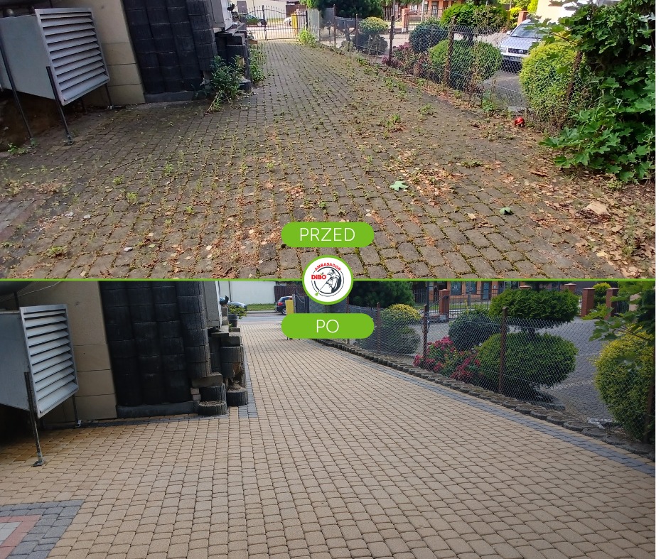 Kostka brukowa przed i po czyszczeniu. Górna część zdjęcia pokazuje zabrudzoną kostkę, dolna - czystą, umytą kostkę. Widoczne różnice w kolorze i braku zabrudzeń.