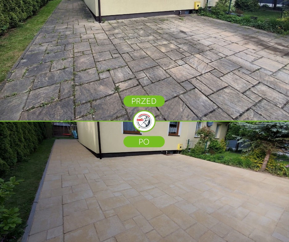 Kostka brukowa przed i po czyszczeniu. Górna część zdjęcia pokazuje brudną kostkę z chwastami, dolna - wyczyszczoną, jasną kostkę. Widoczne budynek i zieleń.