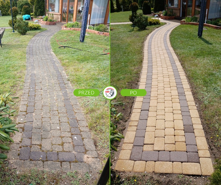 Efekt przed i po czyszczenia ścieżki z kostki brukowej w ogrodzie. Lewa strona zabrudzona, prawa strona czysta, z widocznym wzorem kostki.