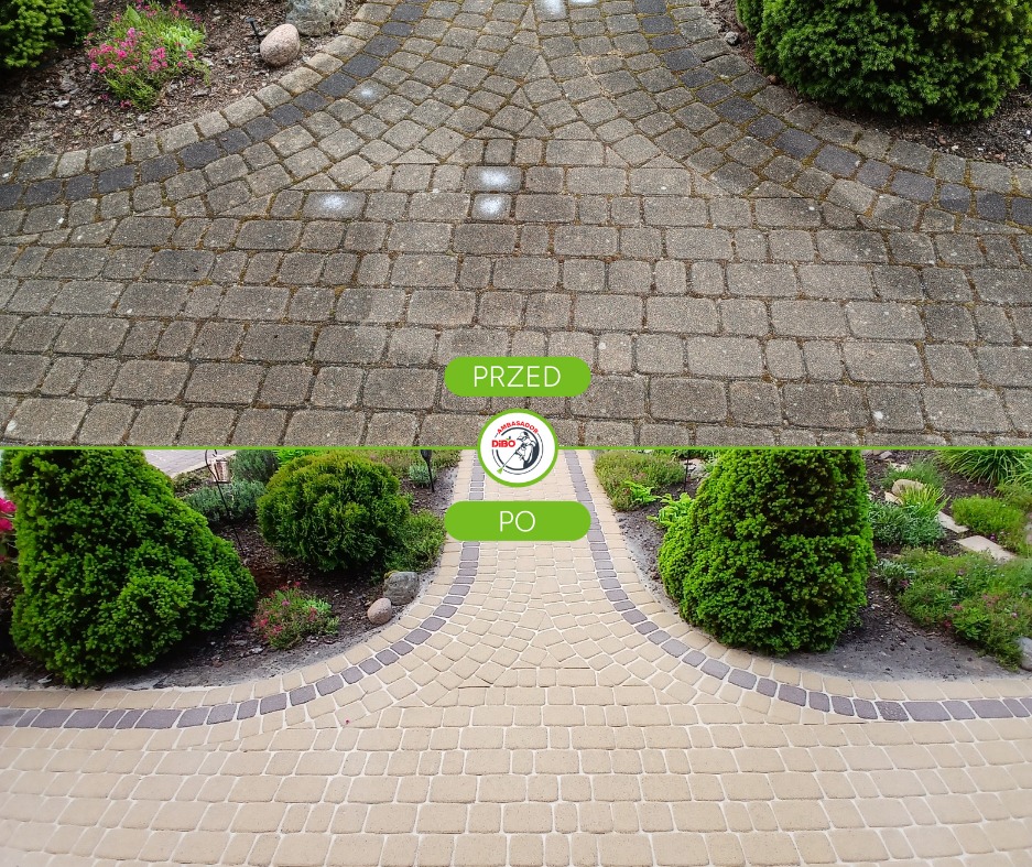 Kostka brukowa przed i po czyszczeniu, widok z góry. Część 'przed' pokryta mchem i zabrudzeniami, część 'po' czysta, w jasnych odcieniach beżu i brązu.