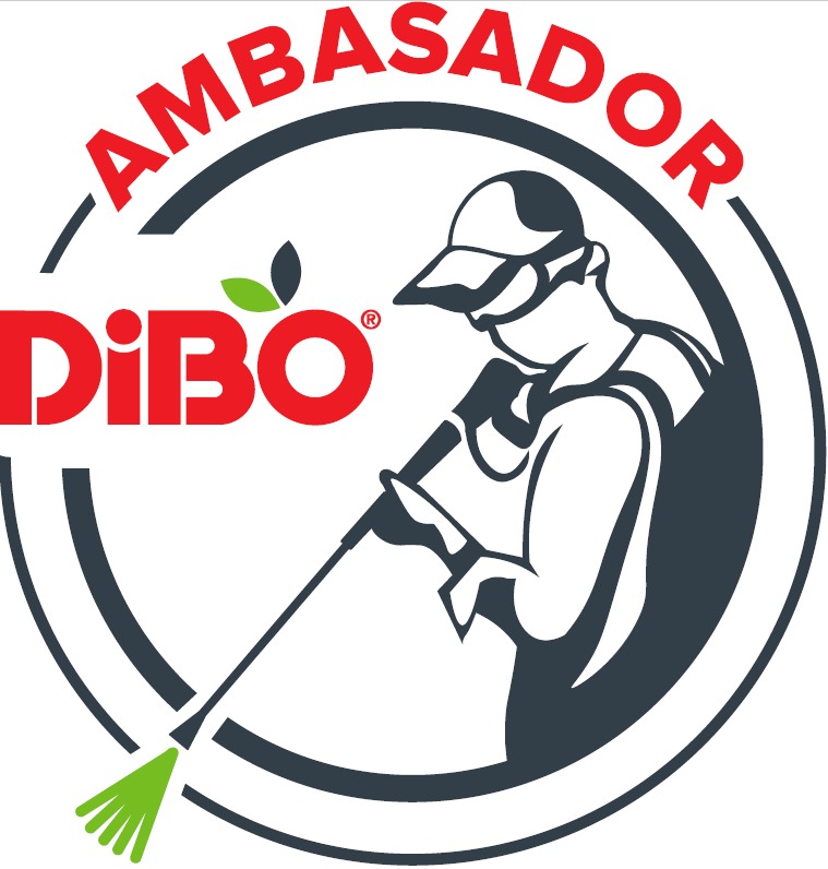 Grafika: Stylizowany wizerunek osoby myjącej pod ciśnieniem, wpisany w logo firmy Dibo Ambassador. Czerwono-zielona kolorystyka, nowoczesny design.