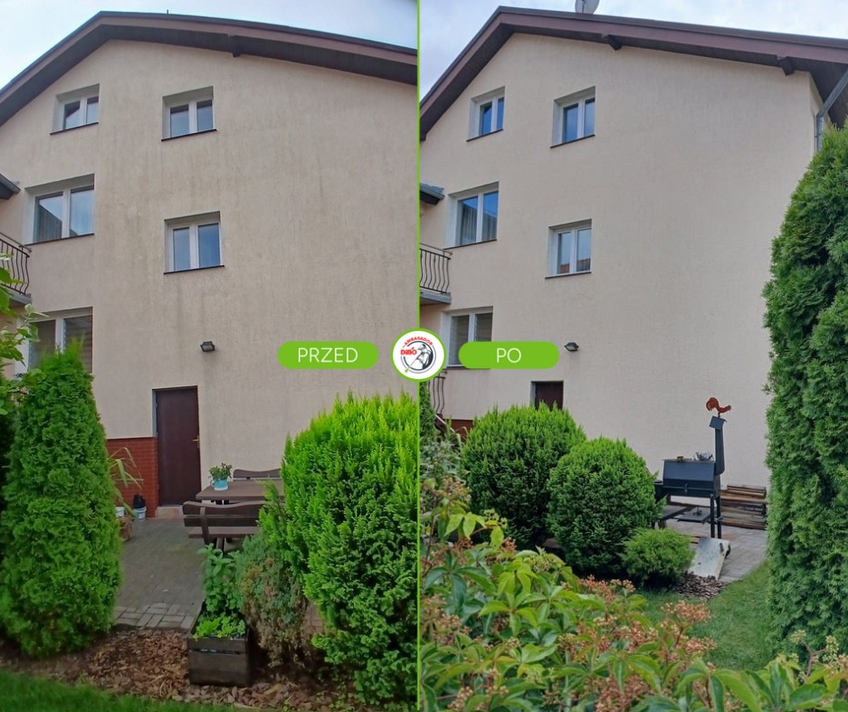 Zdjęcie elewacji budynku przed i po czyszczeniu. Widoczne różnice w kolorze i czystości ścian, zieleń w ogrodzie. Ujęcie z poziomu ogrodu, z grillem po prawej stronie.