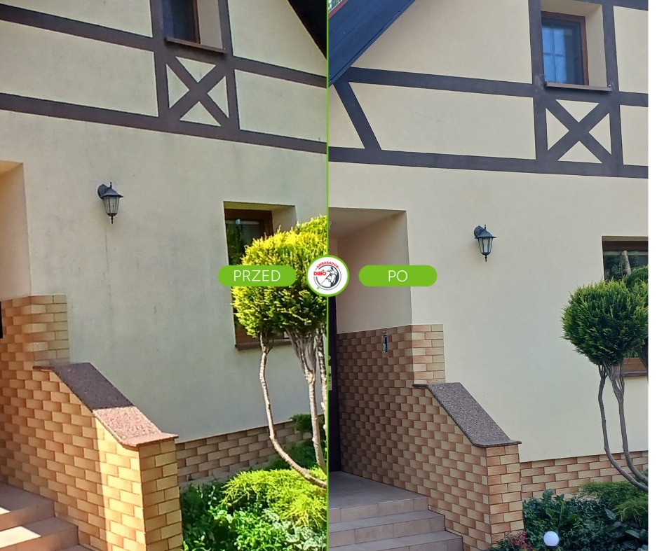 Elewacja domu w stylu szachulcowym, podzielona pionowo na część przed i po myciu. Widoczne różnice w czystości ścian i ceglanej podmurówki.