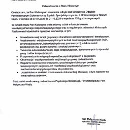 Katarzyna Leśniewska - Skan zaświadczenia o stażu klinicznym w szpitalu psychiatrycznym, potwierdzającego udział w terapii grupowej i tworzeniu dokumentacji pod nadzorem psychologa.