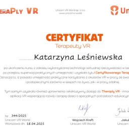 Katarzyna Leśniewska - Certyfikat Terapeuty VR dla Katarzyny Leśniewskiej, wydany przez Unicorn VR World, potwierdzający umiejętności w terapii z wykorzystaniem wirtualnej rzeczywistości.