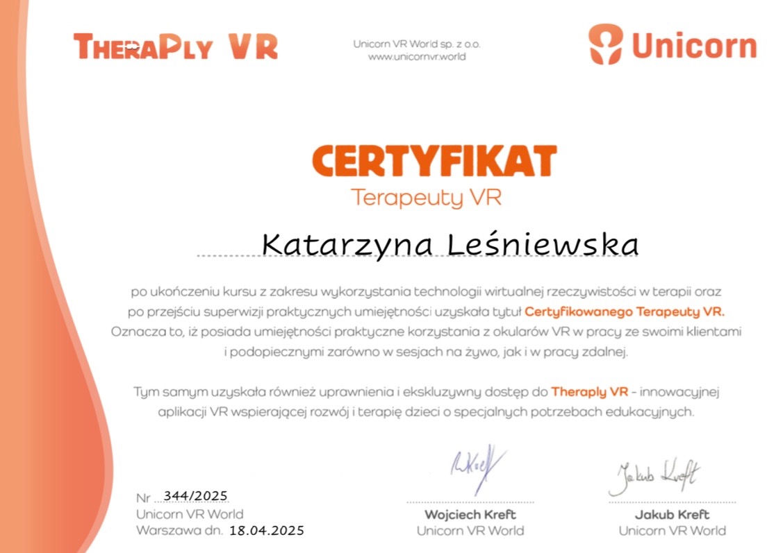 Certyfikat Terapeuty VR dla Katarzyny Leśniewskiej, wydany przez Unicorn VR World, potwierdzający umiejętności w terapii z wykorzystaniem wirtualnej rzeczywistości.