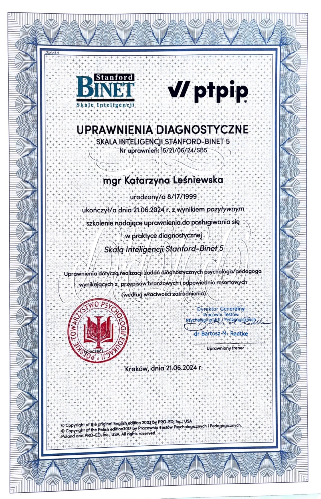 Certyfikat mgr Katarzyny Leśniewskiej, uprawnienia diagnostyczne Skala Inteligencji Stanford-Binet 5, wydany w Krakowie, 21.06.2024 r. z pieczęcią Polskiego Towarzystwa Psychologicznego.