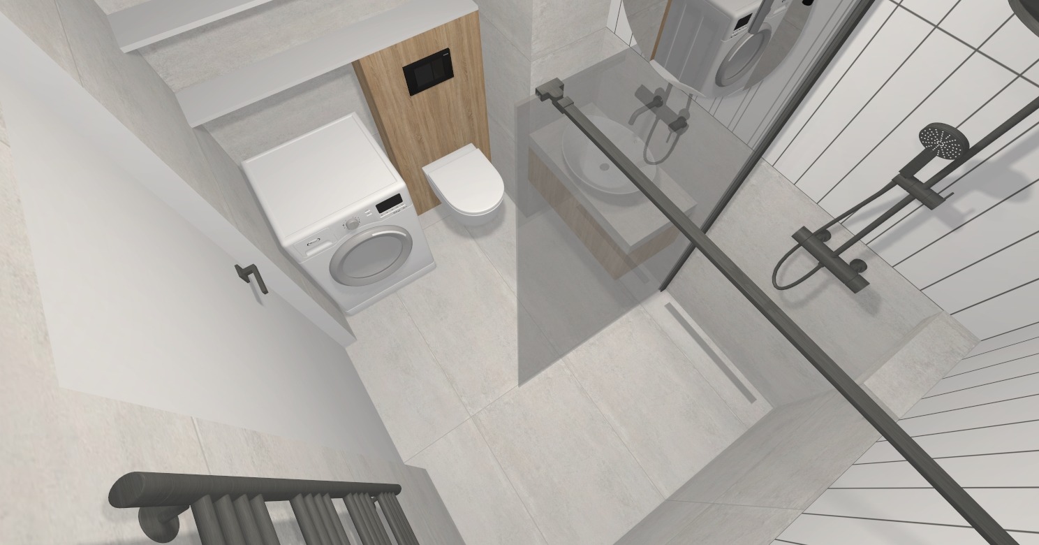 Nowoczesna aranżacja łazienki w Zakliczynie z pralką, toaletą i kabiną prysznicową. Minimalistyczny design, jasne płytki i drewniane akcenty. Widok z góry.