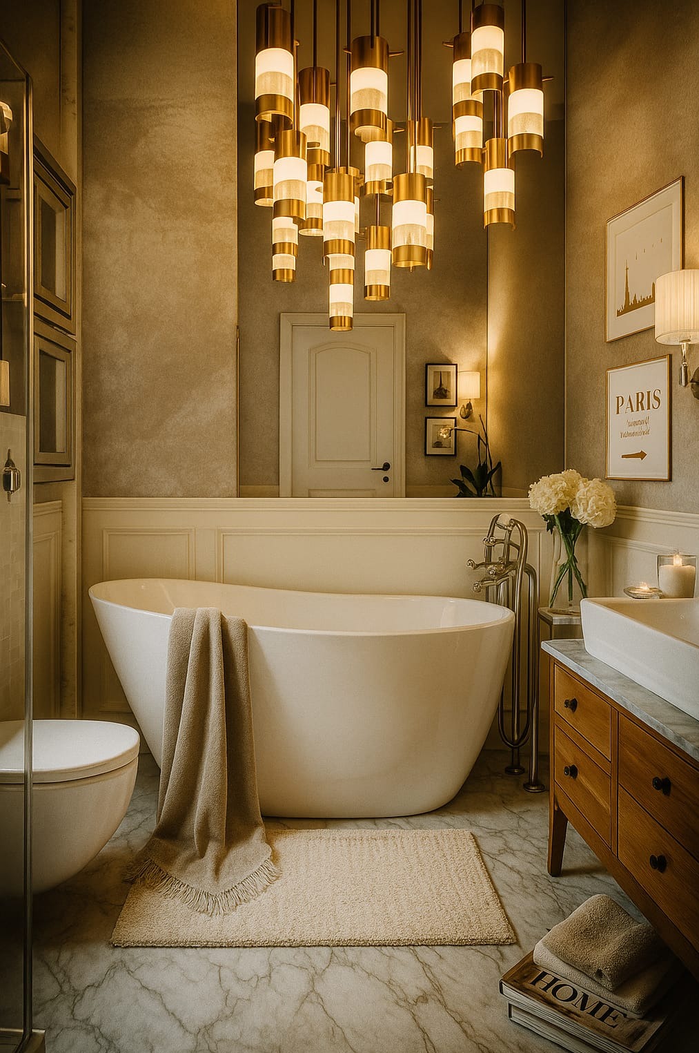 Elegancka łazienka w odcieniach beżu i bieli. Wolnostojąca wanna, marmurowa podłoga, drewniana szafka z umywalką i dekoracyjny żyrandol.